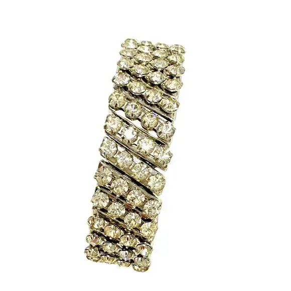 Vintage Mid Century Accordion Stretch Bracelet Silver Tone & White Rhinestones - Picture 4 of 6